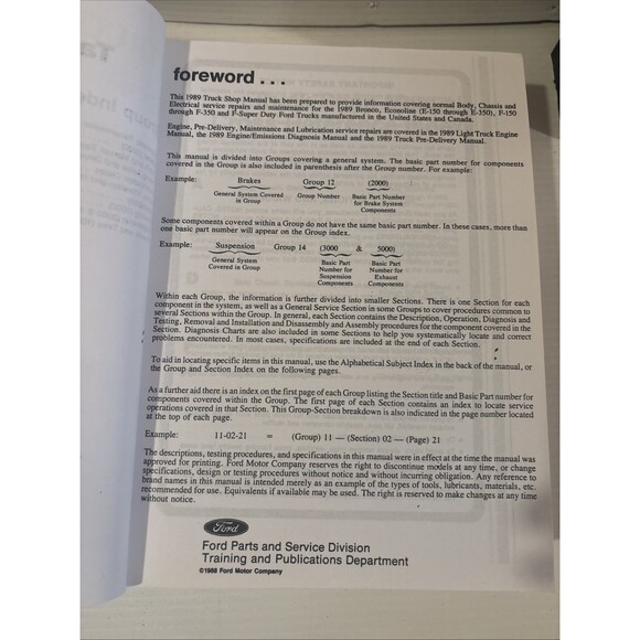 1989 Ford Light Duty Series Factory Model E, F150-350, F Super Truck Shop Manual - Picture 4 of 9